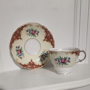 Colclough Tea Cup Set, Red Insets, Pink Roses, Gold Trim, Fine China, England